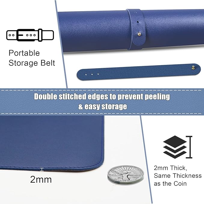 Large Desk Pad 35.4" x 17", Non-Slip Desk Mat with PU Leather & Natural Cork, Waterproof Writing Desk Natural Cork, Computer Mat Desk Protector for Office Home, Dark Blue