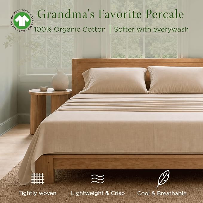 Threadmill Certified by GOTS Organic Cotton Sheets - Twin XL, 3 Piece, Beige - Ultra Soft, Cooling and Breathable Bed Sheet Set - Lightweight and All-Round Elastic Deep Pocket