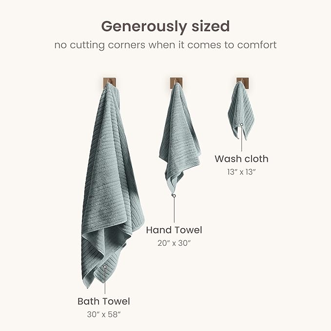 BIOWEAVES 100% Organic Cotton 700 GSM Luxury Ribbed Bath Towel Set for Bathroom 30" x 58" GOTS Certified - ICY Fjord, Pack of 2