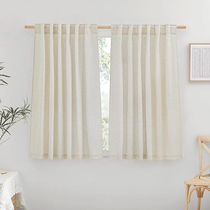 NICETOWN Natural Linen Blend Bathroom Curtains 45 inches Long, Rod Pocket & Back Tab Semi Sheer Light Filtering Thick Window Treatments Privacy Added for Bedroom, W55 x L45, 2 Panels