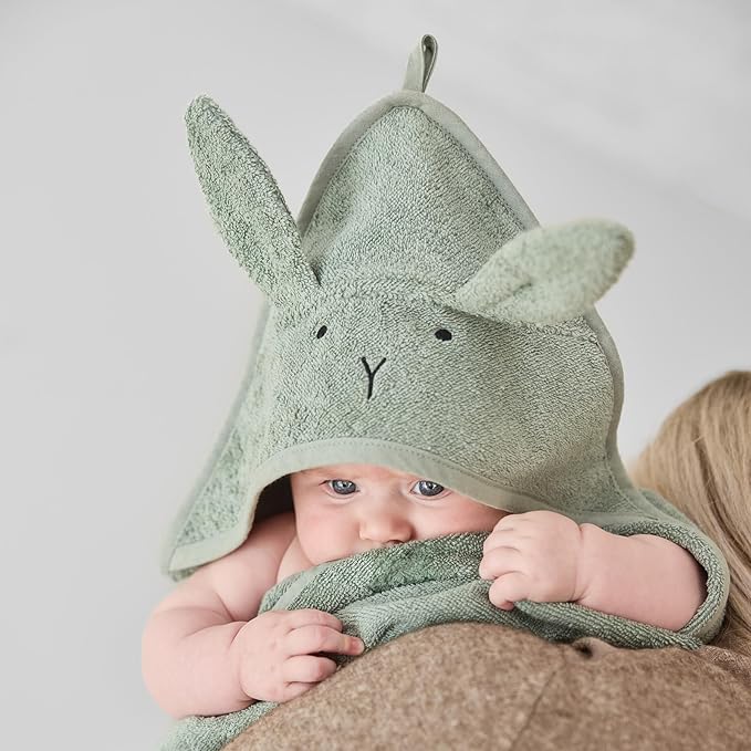 Hooded Baby Towel – 100% Organic Cotton Baby Bath Towels – Baby Boy Newborn Essentials - Super-Soft and Absorbent. (Rabbit - Roman Green)