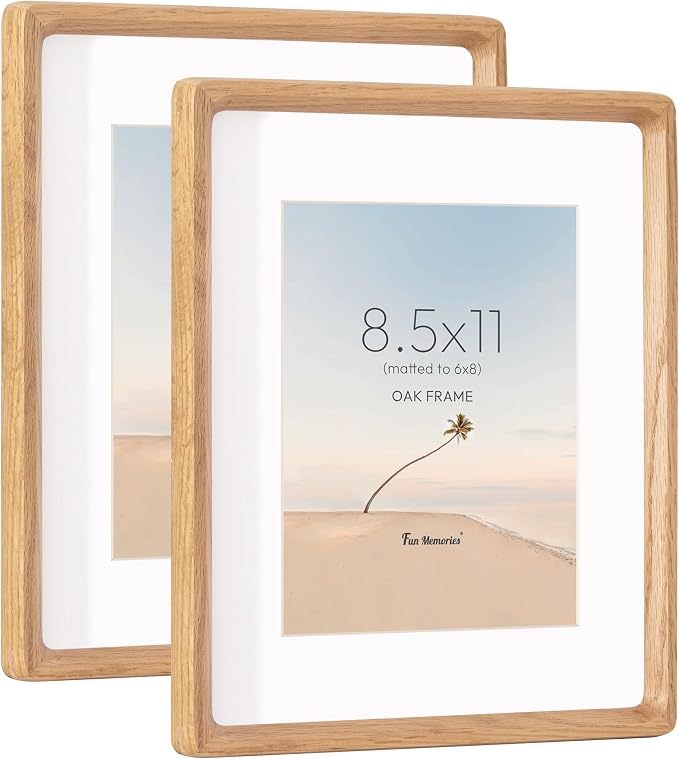 8.5 by 11 Picture Frame, USA-Sourced Oak Wood Photo Frame with HD Tempered Glass, Handcrafted Rounded Corner 8.5x11 Wooden Frames Matted to 6x8 Photos, 8.5x11 Frames, Tabletop or Wall Display-2p | Hd Tempered Glass