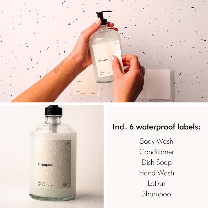 KIVY Glass Soap Dispenser Set [INCL. Waterproof Labels] - Glass Soap Dispenser with Pump - Hand Soap and Dish Soap Set - for Kitchen, Shower & Bathroom - Refillable (2X 16oz)