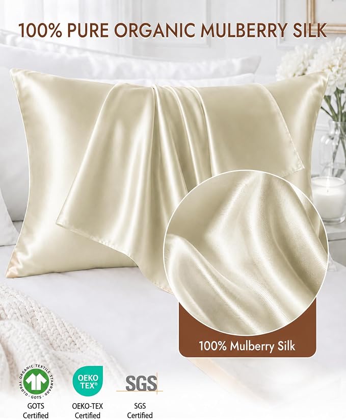 SilkSilky 100% Pure Organic Mulberry Silk Pillowcase for Hair & Skin, Both Sides Grade 6A Pillow Cases with Hidden Zipper, Breathable Cooling Silk for Beauty Sleep (Standard 20''x26'', Beige)