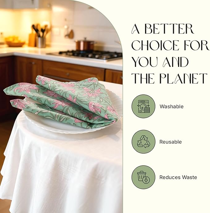 Floral Cloth Napkins Set of 12, 100% Cotton Reusable Dinner Napkins, Block Print Inspired, 18 x 18 Inch Table & Kitchen Napkins for Everyday Dining & Entertaining, Soft Green Floral