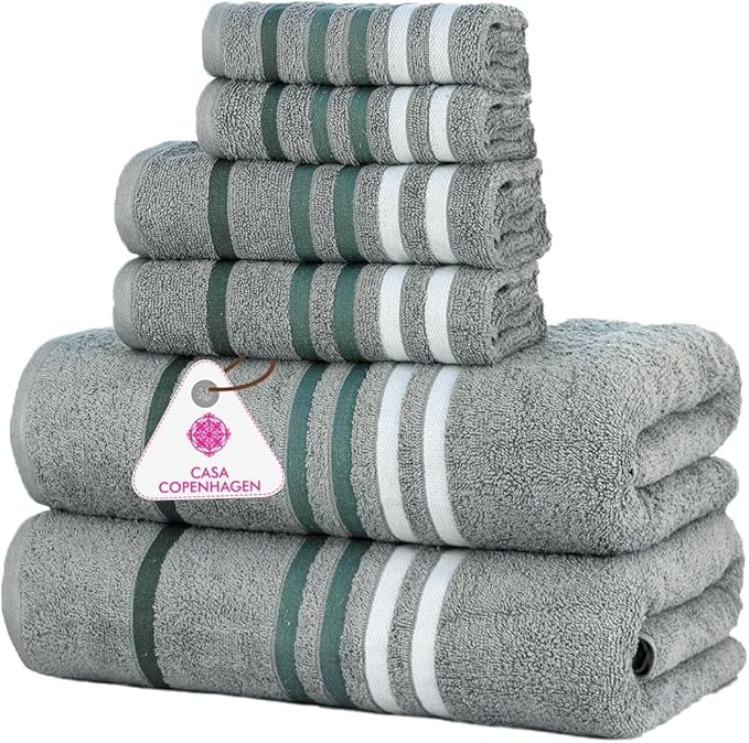 CASA COPENHAGEN Exotic 6Pcs 100% Egyptian Cotton Designer Towels Gift Set- Pine Grey, 550GSM,2Bath2Hand2Washcloths,Bath Towels for Bathroom (Box Pack,Gift Ribbon Set for Women & Men)