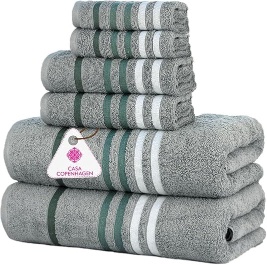 CASA COPENHAGEN Exotic 6Pcs 100% Egyptian Cotton Designer Towels Gift Set- Pine Grey, 550GSM,2Bath2Hand2Washcloths,Bath Towels for Bathroom (Box Pack,Gift Ribbon Set for Women & Men)