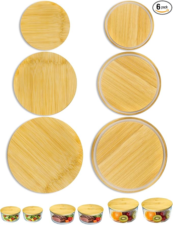Replacement Wooden Lids for Pyrex, Anchor Hocking Glass Containers 7200 * 2 7201-PC*2 7402-PC*2, Bamboo Lids for Pyrex 2Cup 4Cup 7Cup Glass Bowls, Bowl Covers 6 Pack