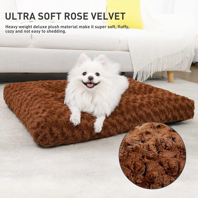 KSIIA Washable Dog Bed Deluxe Plush Dog Crate Beds Comfy Kennel Pad Anti-Slip Pet Sleeping Mat for Large, Jumbo, Medium, Small Dogs Breeds, 23" x 18", Brown