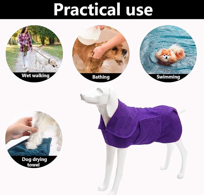 Geyecete Dog Drying Coat - Fast Drying Dog Bathrobe Towel - Microfibre Super Absorbent Pet Cat Bath Robe, Luxuriously Soft Purple L