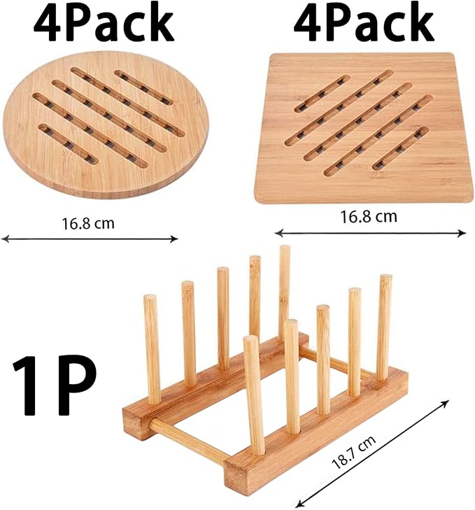 Bamboo Trivet,Hot Pads Trivet Natural Mat Set for Hot Dishes/Bowl/Teapot/Hot Pot Holders 4 Square 4 Roundness 2 Storage rackden