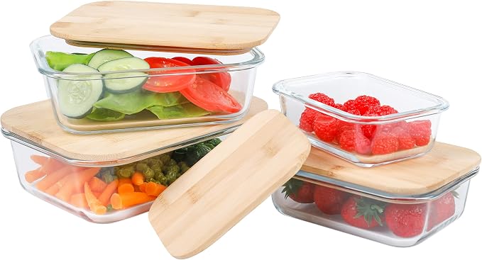axentia Glass Food Storage Containers Set of 4 Transparent Wood