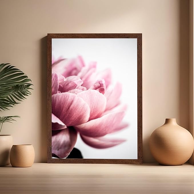 Monem Art Pink Peony Macro Photography Print - Minimalist Floral Art Poster - Wall Decor for Living Room, Bedroom or Office - 16x20 Brown Framed Wall Art by Mareike Bohmer