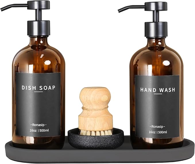 Ronasip Set of 5 Kitchen Soap Dispenser Set 16 Oz Glass Hand Dish Soap Dispenser with Stainless Steel Pump, Cement Tray, Dish Scrub Brush for Farmhouse Rustic Home Bathroom Decor (Brown)