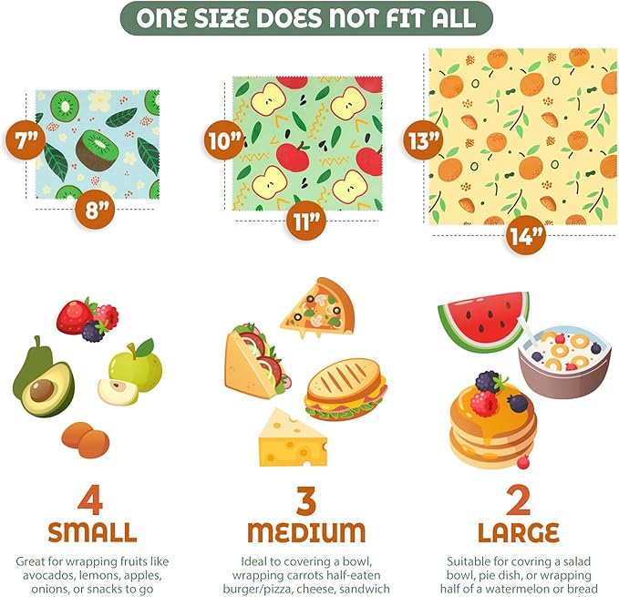 Akeeko Reusable Beeswax Food Wraps - Assorted 9 Packs, Reusable, Plastic-Free Food Storage, 4 Small, 3 Medium, 2 Large Wraps with Assorted Fruits Patterns