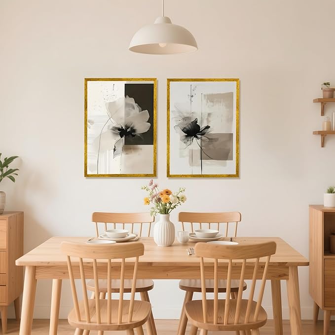 Minimalist Abstract Floral Wall Art Prints Set of 2 Neutral Beige Black Flower Canvas Painting Poster Trendy Botanical Picture for Gallery Modern Japandi Boho Home Decor 24x36inch Gold Framed