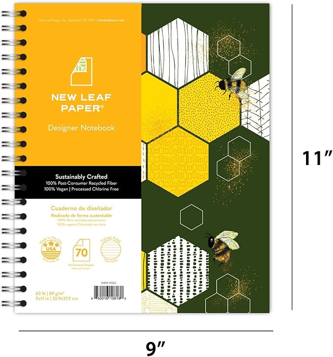 Large Spiral Bound Recycled Notebook, Bees Design, 11" x 9", 70 Sheets, Double-Wire, College Ruled, Vegan, Made in USA