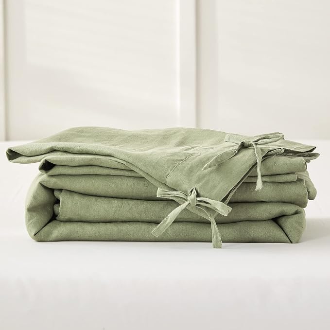 Simple&Opulence 100% Linen Duvet Cover Set 3pcs with Bowknot Ties Closure Natural French Washed Flax Solid Color Soft Breathable Farmhouse Bedding - Sage Green, King Size