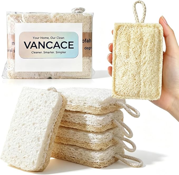 Natural Loofah & Cellulose Dual Sided Sponge 5 Pack | Compostable, Plastic-Free, Biodegradable Kitchen Scrubber | Non-Scratch for Dishes, Pots, Pans & Cast Iron