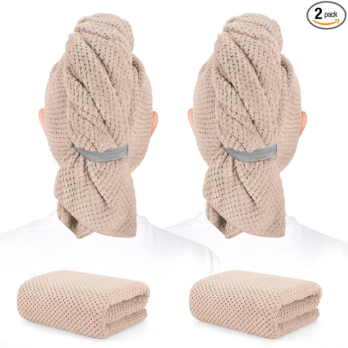 2 Pack Microfiber Hair Towel - 41 x 24 inches Super Soft, Absorbent, Fast Drying Without Frizz Hair Towel Wrap for Women Long, Thick, Curly Hair - Hair Turbans with Elastic Strap