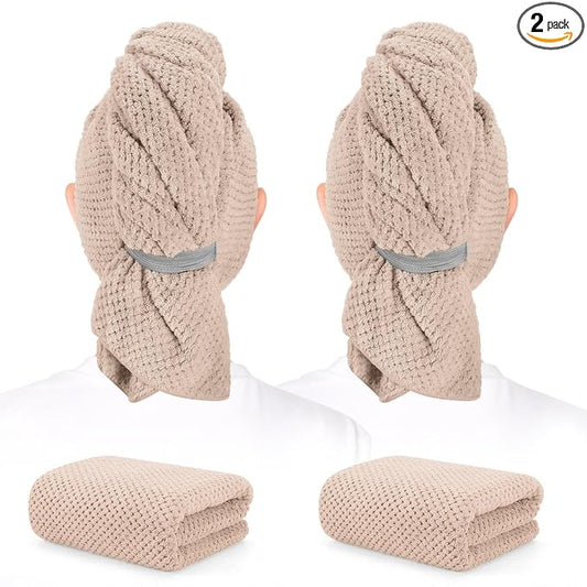 2 Pack Microfiber Hair Towel - 41 x 24 inches Super Soft, Absorbent, Fast Drying Without Frizz Hair Towel Wrap for Women Long, Thick, Curly Hair - Hair Turbans with Elastic Strap
