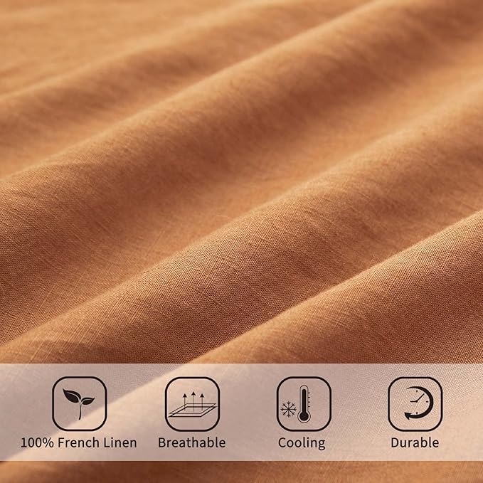 ATLINIA 100% Pure Flax Linen Bedding Set - Stone Washed French Linen Fabric Deep Pocket Fitted Sheet Farmhouse Flat Sheet 2 Pillowcases (Rust, King)