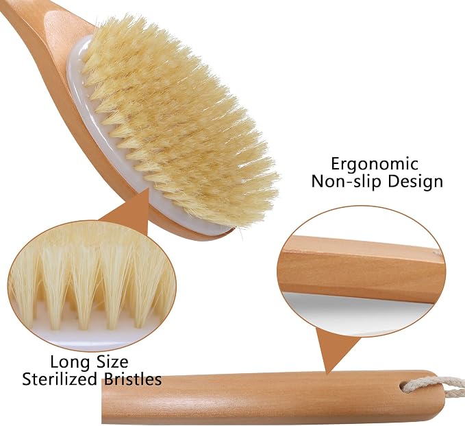 OWIIZI Bath Brushes with Soft and Natural Bristles Antiskid Wooden Long Handle Shower Body Scrubber for Wet or Dry Exfoliating,Back Scrub Deep Cleanse