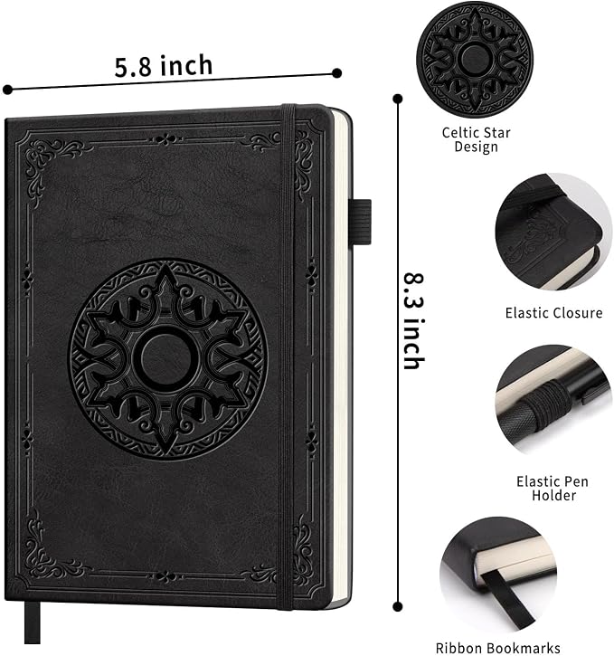 Lined Journal Notebook, A5 Leather Vintage Journals for Writing, 288 Pages College Ruled Notepad for Women Men, Vegan Leather Daily Notebook for Work, School, Travel, Note Taking(Celtic Star, Black)
