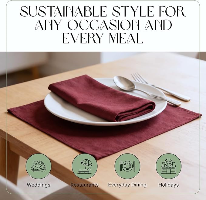 Cloth Napkins Set of 12, 100% Cotton Fabric Reusable Dinner Napkins, 18 x 18 Inch Washable Table & Kitchen Napkins for Everyday Dining, Entertaining, Home & Restaurant Use, Burgundy