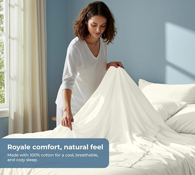 ROYALE LINENS 100% Organic Cotton Twin XL Sheet Set - Percale Weave - 3 Pieces Set - 1 Flat, 1 Deep Pocket Fitted Sheet and 1 Pillowcases - Ivory Bed Sheets - Sábanas Twin XL - Crisp Cool (Ivory)