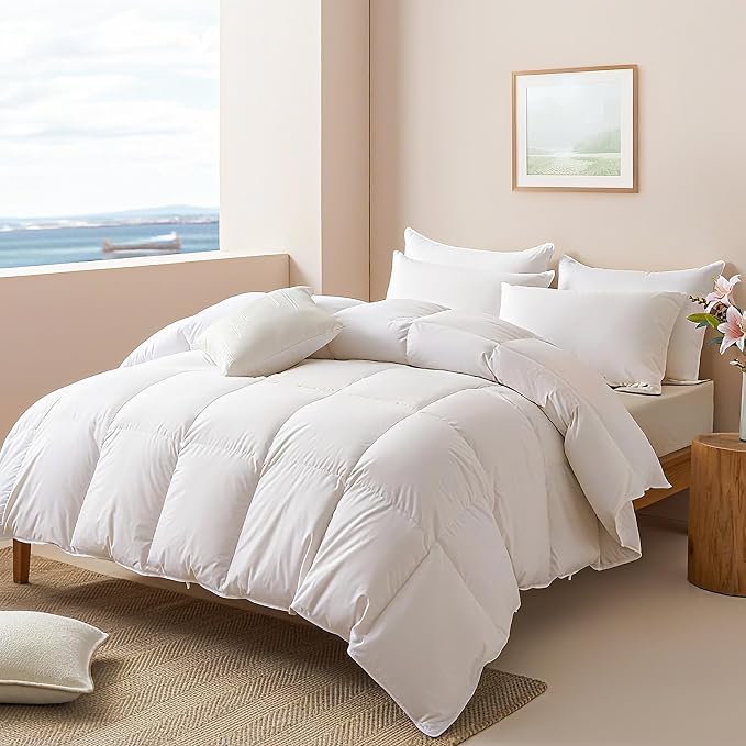 APSMILE Goose Feather Down Fibers Comforter Queen Size, Organic Cotton Duvet Insert, All Season Warmth, Baffle Box, Quill-Free Soft Fluffy Hotel Bed Comforter (Ivory White, 90x90 Inch)