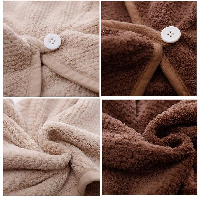 M-bestl 2 Pack Hair Drying Towels,Hair Wrap Towels,Absorbent Microfiber Hair Towel Turban with Button Design to Dry Hair More Quicker（Coffee&Khaki）