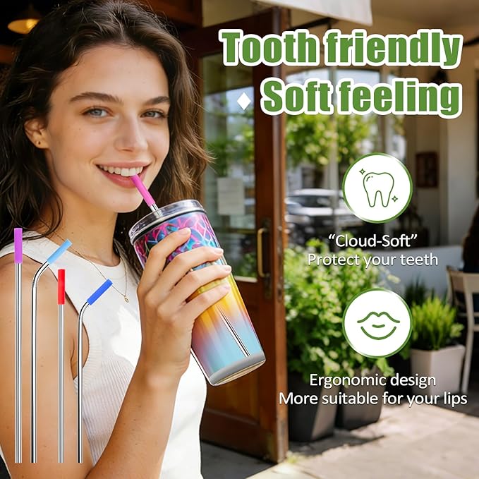 Lazycorner 16 Pcs Metal Straw Reusable 8.5" 10.5" 6mm Stainless Steel Straws for Tumblers 20oz-32oz, Silver Drinking Straws with Silicone Tips, 4 Straw Cleaner Brush, 1 Travel Case