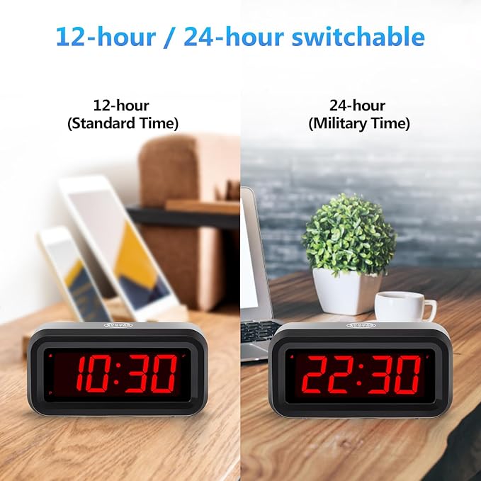 Digital Alarm Clock Battery Operated with LED Display for Bedrooms, Long Battery Life for 12 Months, 3 Brightness Adjustable, 12/24 Hour, Snooze, Black Case with Red Digits