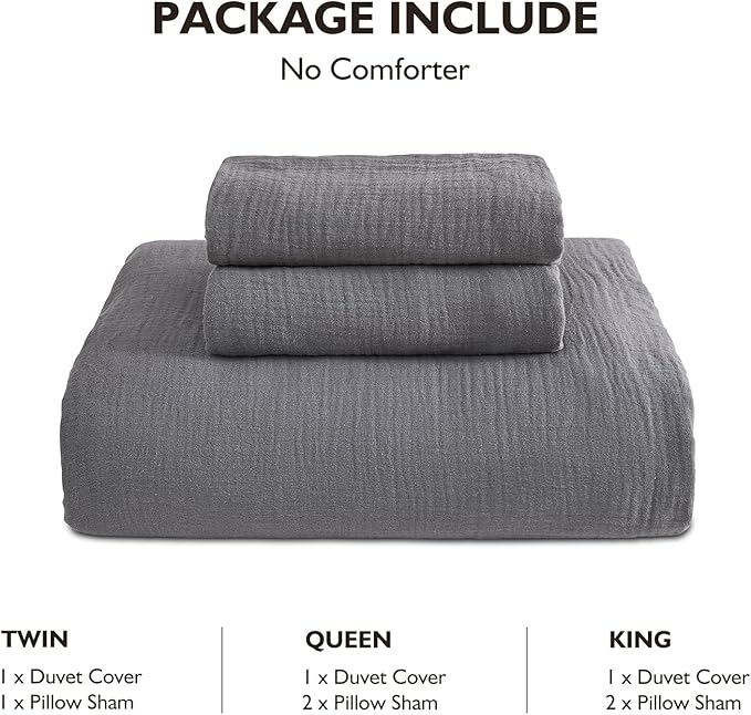 EMME Muslin Cotton Duvet Cover Set Dark Grey Queen Size Linen Like Soft Breathable Lightweight Summer Comforter Cover Set with Zipper Closure (Dark Grey, Queen, 90"x90")
