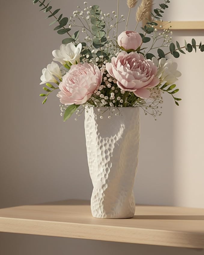 White Matte Ceramic Vase, 9.9 Inch Organic Nature Trunk Shape, OOSTONEE Modern Wabi Sabi Unique Flower Vase for Home, Living Room, Bedroom, Dining Table, Centerpiece Decor