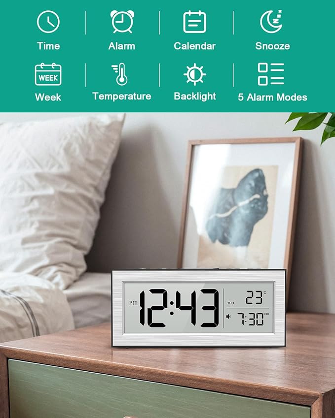ORIA Battery Operated Digital Clock, Small Travel Alarm Clock with Auto Dimmer, Date, Temp & Week, Bedside Desk Clock with LCD Display for Bedroom, Office, Batteries Included
