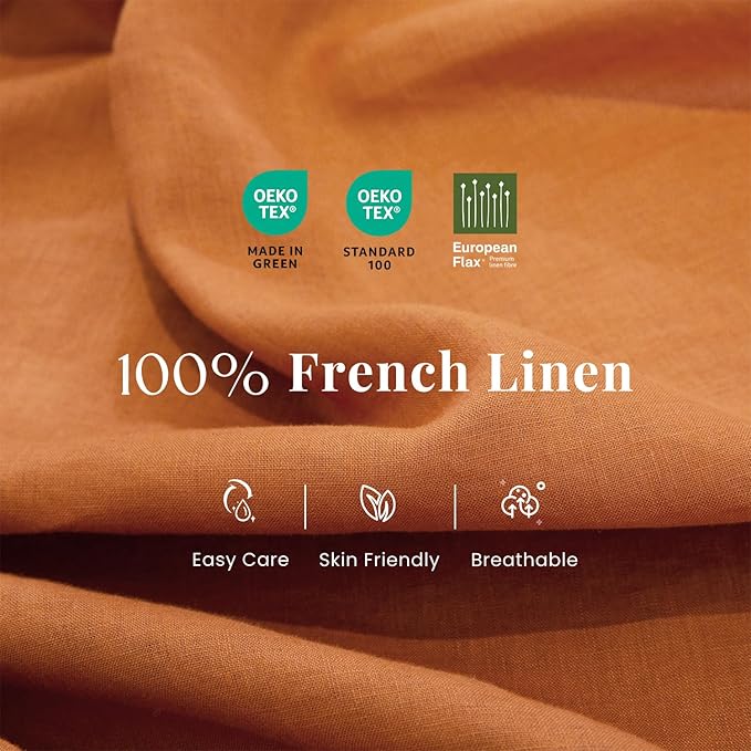 S VICTORY SYMBOL 100% Pure Linen Duvet Cover Set 3pcs,Natural French Washed Flax Solid Color Soft Breathable (1 Duvet Cover and 2 Pillowcases) with Coconut Buttons Closure(Full,Pumpkin)
