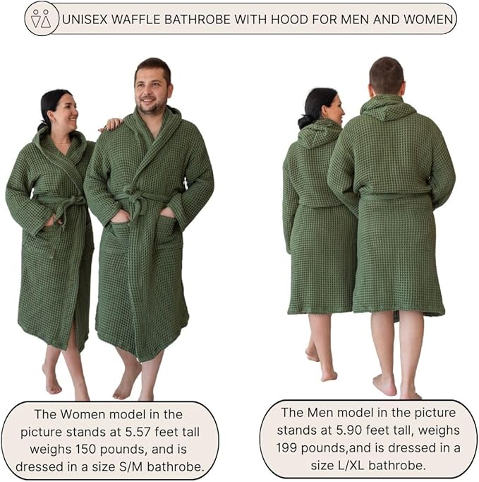 100% Turkish Cotton Men's Waffle Robe with Hooded, Premium Soft Cozy Housecoat or Quick-Dry Bathrobe for Mens