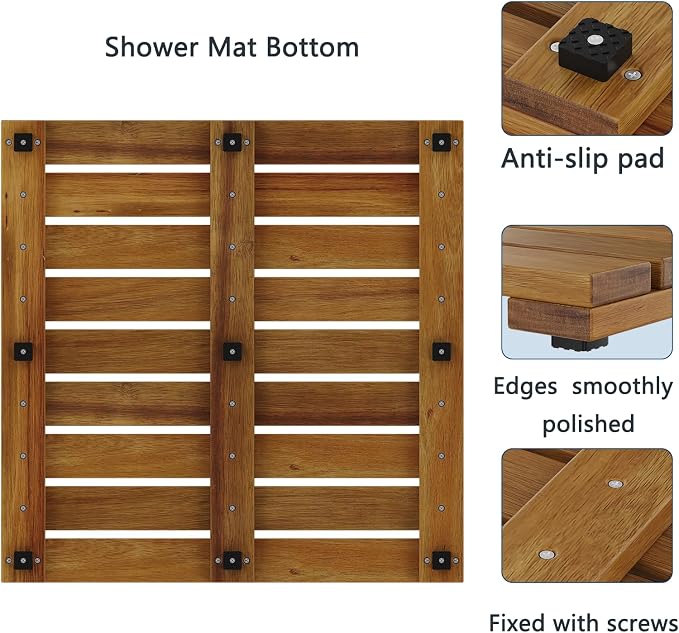 Solid Acacia Wood Shower Mat, Non Slip Bathroom Mat (19.6"×19.6“, Medium) Sturdy Floor Mat for Spa Home or Outdoor Shower, Easy to Clean, Quick Drying