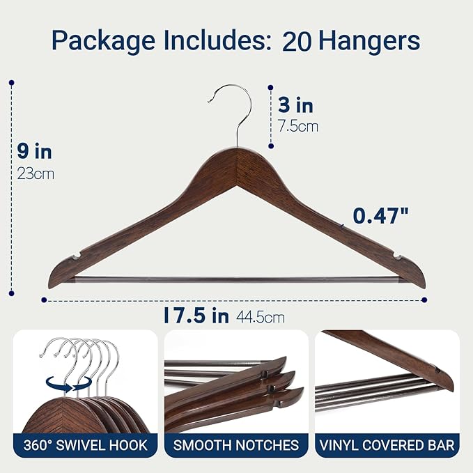 Amber Home 20 Pack Walnut Wooden Coat Hangers, Vintage Wood Suit Hangers with Non-Slip Pant Bar, Clothes Hangers for Closet Organization, Shirts, Jackets, Dresses, and Pants (Retro, 20)