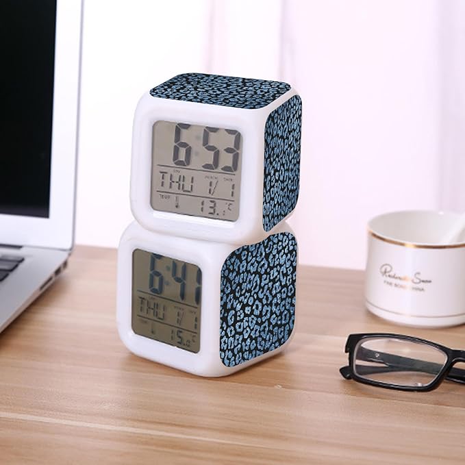 Digital Alarm Clock,Blue Leopard Glitter Print 7 Color Change LED Digital Alarm Clock with Date Thermometer for Toddlers,Girls and Boys