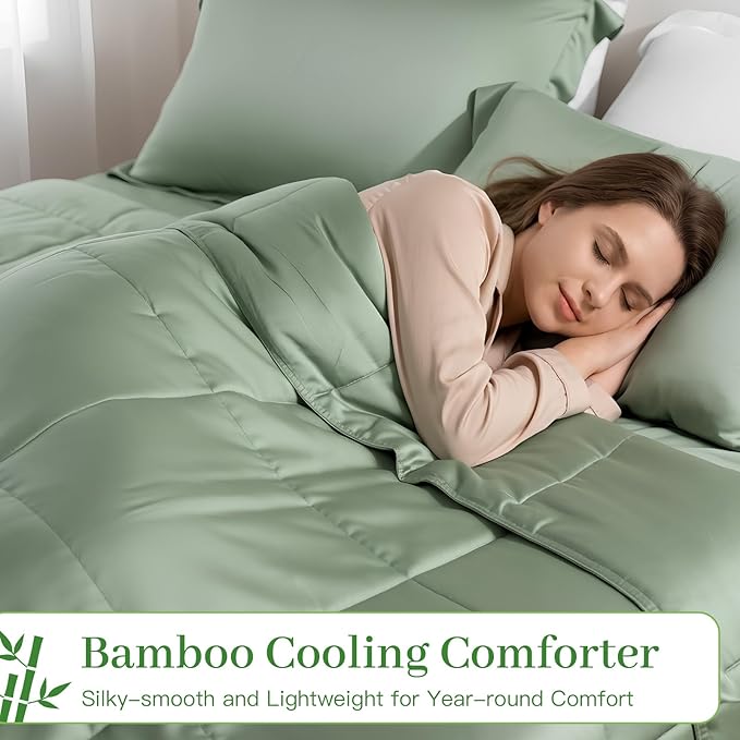 NEXHOME PRO 100% Viscose from Bamboo Comforter Queen Size - Ultra-Soft, Breathable, Lightweight All-Season & Summer Duvet Insert, Natural Temperature Regulating for Cooling Sleep Sage Green