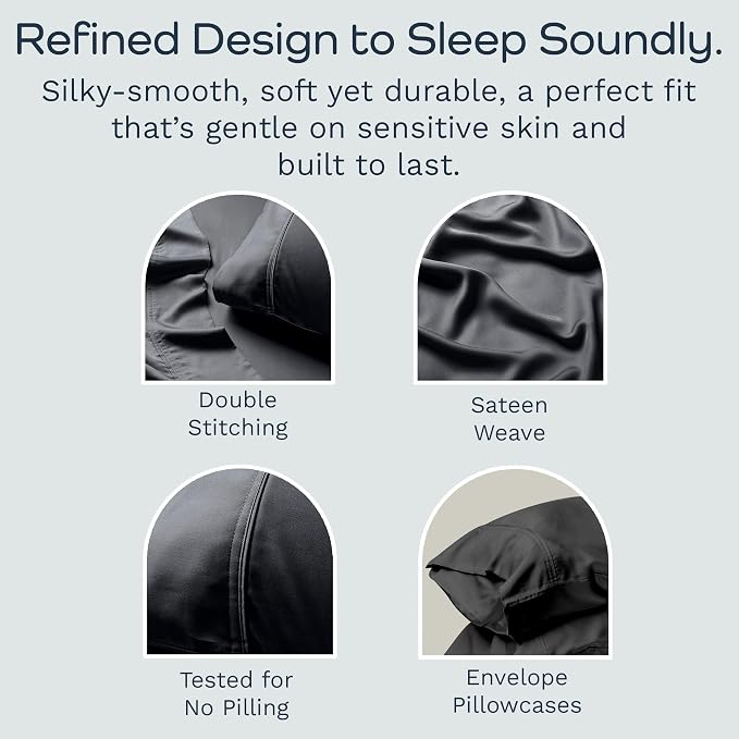 Olive + Crate Tencel Eucalyptus Pillowcases - 100% Tencel Lyocell Cooling Pillow Cases for Hot Sleepers - Hypoallergenic, Moisture-Wicking, Silk Alternative, Vegan - Standard Size Set of 2 [Charcoal]