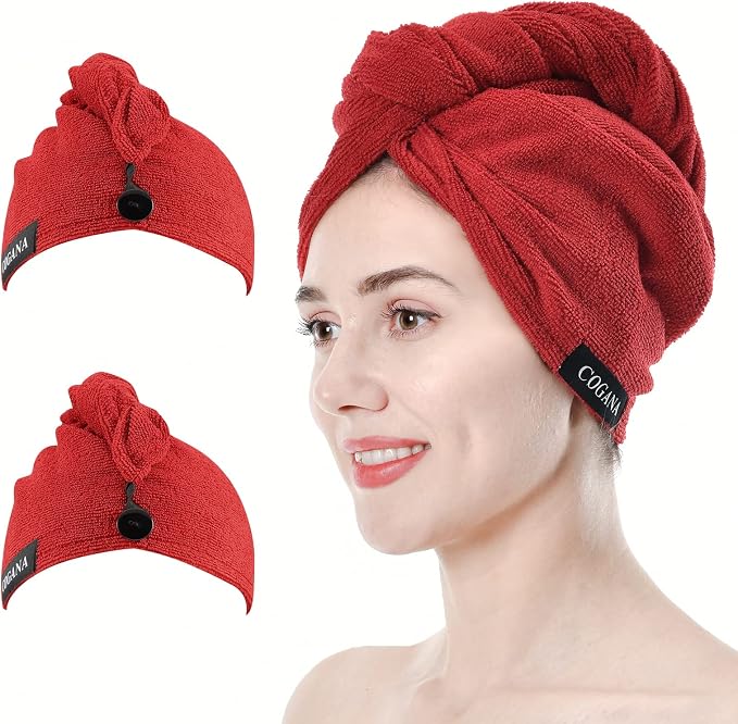 Microfiber Hair Drying Turban for Wet and Curly Hair, Wrap Towel With Button (Red, 10x28)