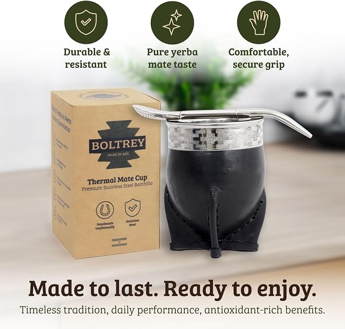 Mate Imperial – Yerba Mate Cup and Bombilla Set | Handmade Argentina Mate Gourd | Stainless Steel Mate Mug for Tea Lovers | Unique Cultural Gift (PAMPA, BLACK)