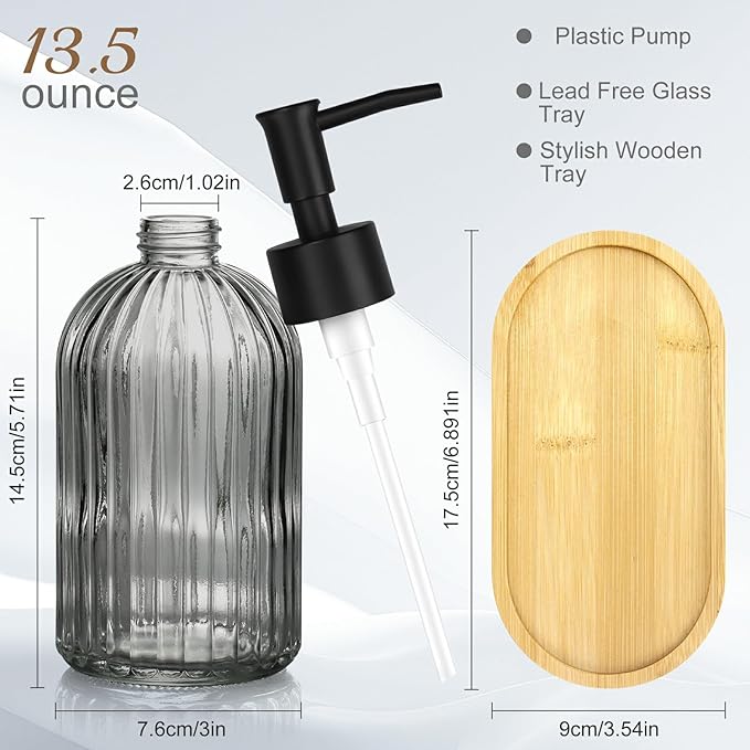 Glass Soap Dispenser Set with Wood Tray, Glass Soap Dispenser with Plastic Pump, Hand and Dish Set for Bathroom Decor (Grey)