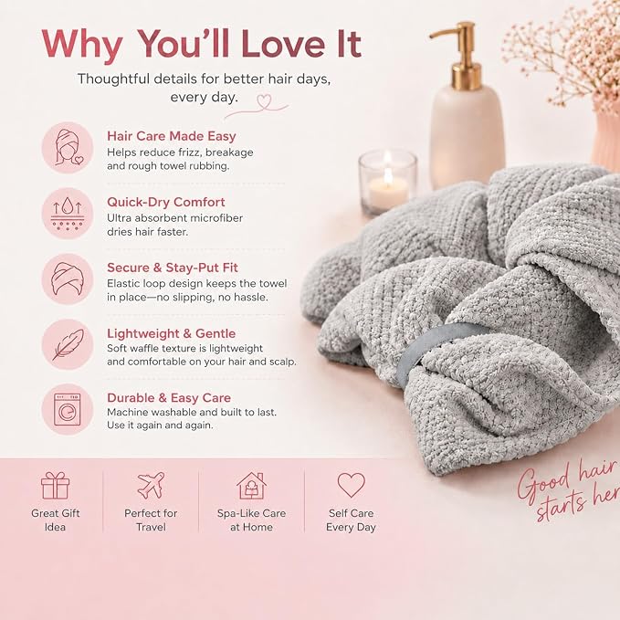 Large Hair Towel Wrap for Women, Quick-Dry Turban, Ultra Absorbent & Anti-Frizz, Ideal for Long, Thick & Curly Hair, Soft Lightweight Microfiber Drying Towel (24x42, Grey)