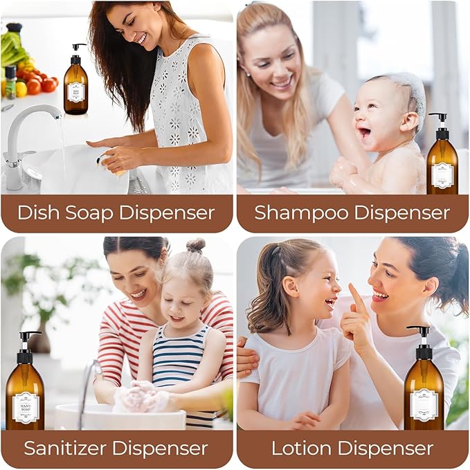 16 oz Amber Glass Soap Dispenser with Pump, Glass Pump Bottle for Lotion Body Oil, 500ml Hand and Dish Soap Dispensers Set with Storage Caps, Labels - 2 Pack