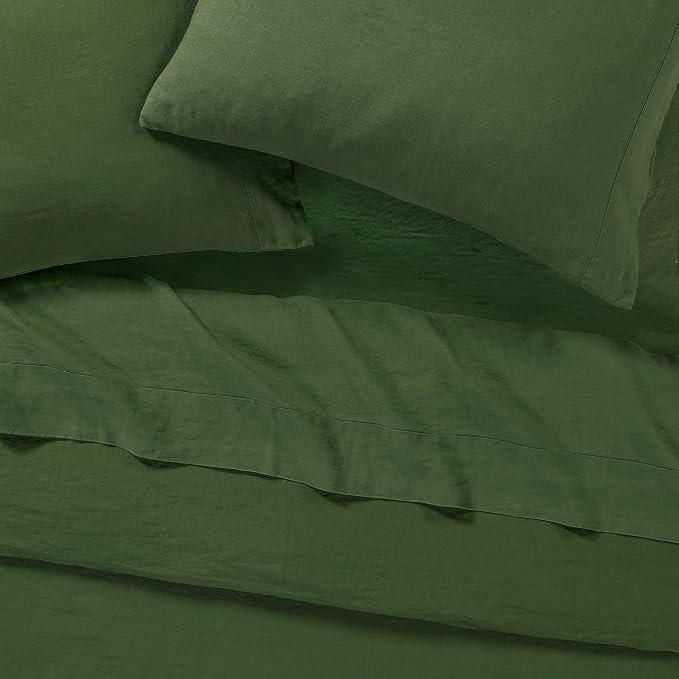 Sijo Stone Washed Organic French Linen Bed Sheet Set, GOTS Certified Organic, Best Cooling Linen Sheet Award by Sleep Foundation, 1 Flat Sheet Only (Forest, Full/Queen)